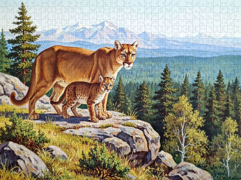 Puma mit Jungtier auf den Felsen