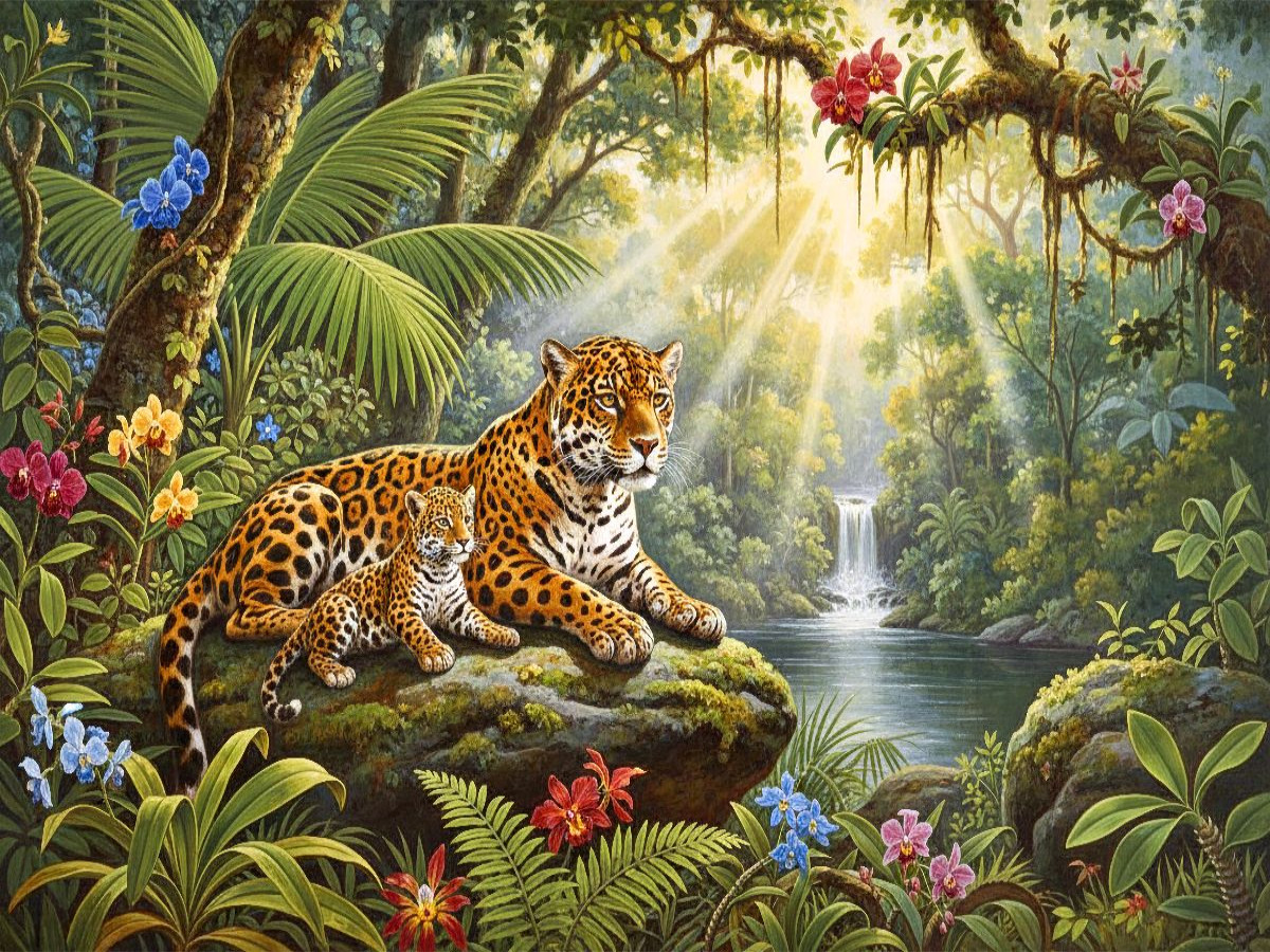 Jaguar mit Jungtier im Dschungel