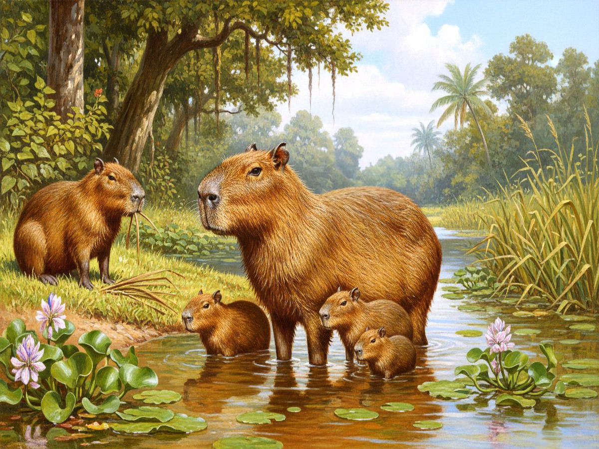 Capybara mit Jungtieren am Fluss