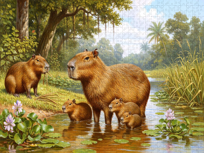 Capybara mit Jungtieren am Fluss