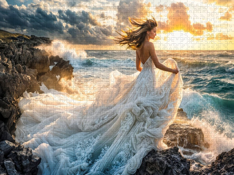 Braut im Abendlicht an Meeresklippen