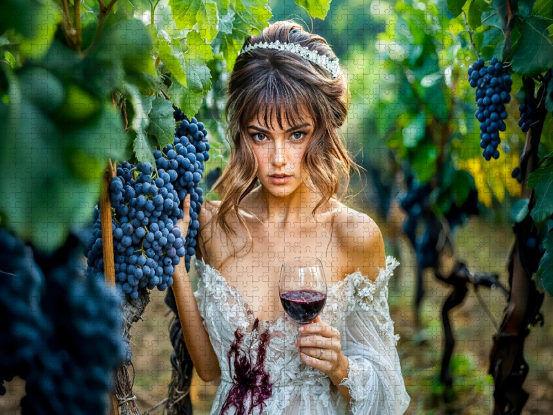 Braut mit Rotweinglas im Weinberg