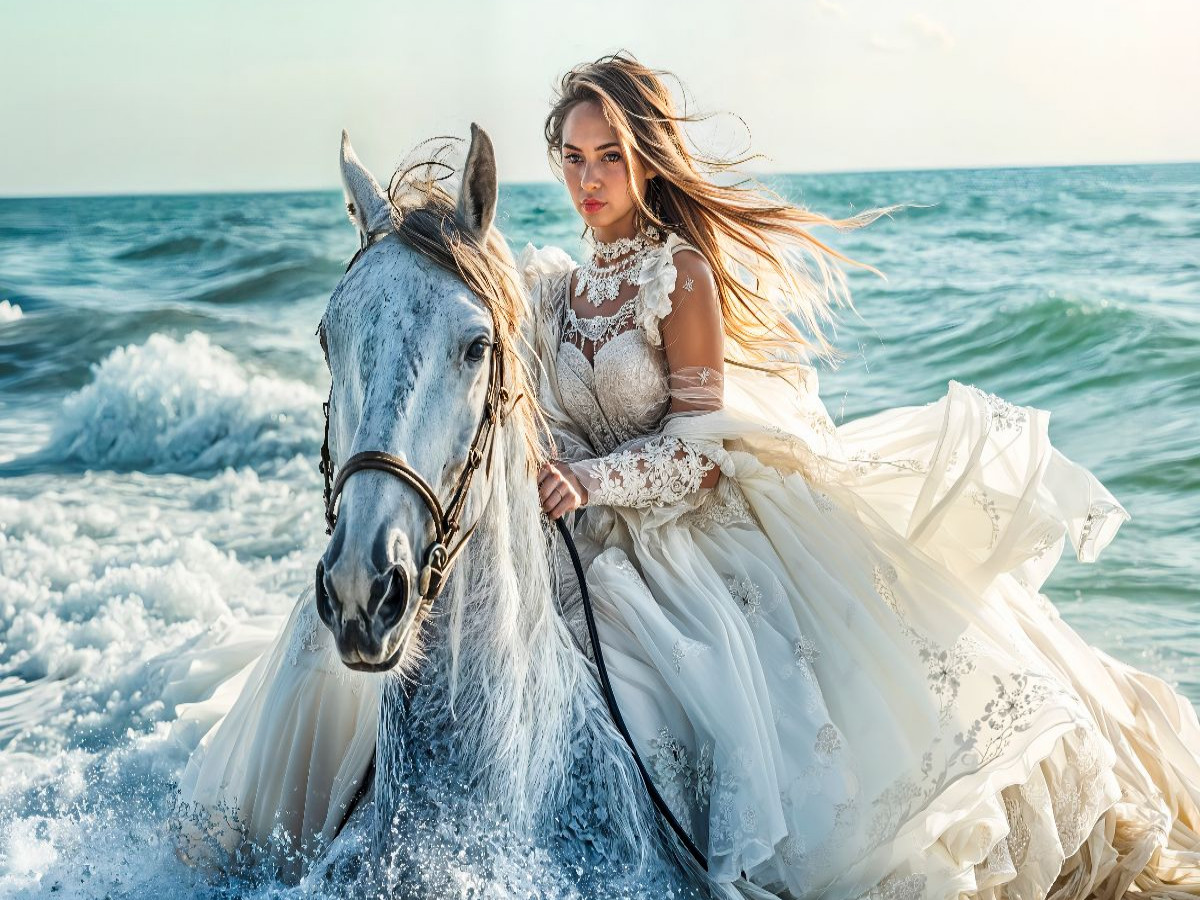 Braut auf Pferd in Meereswellen