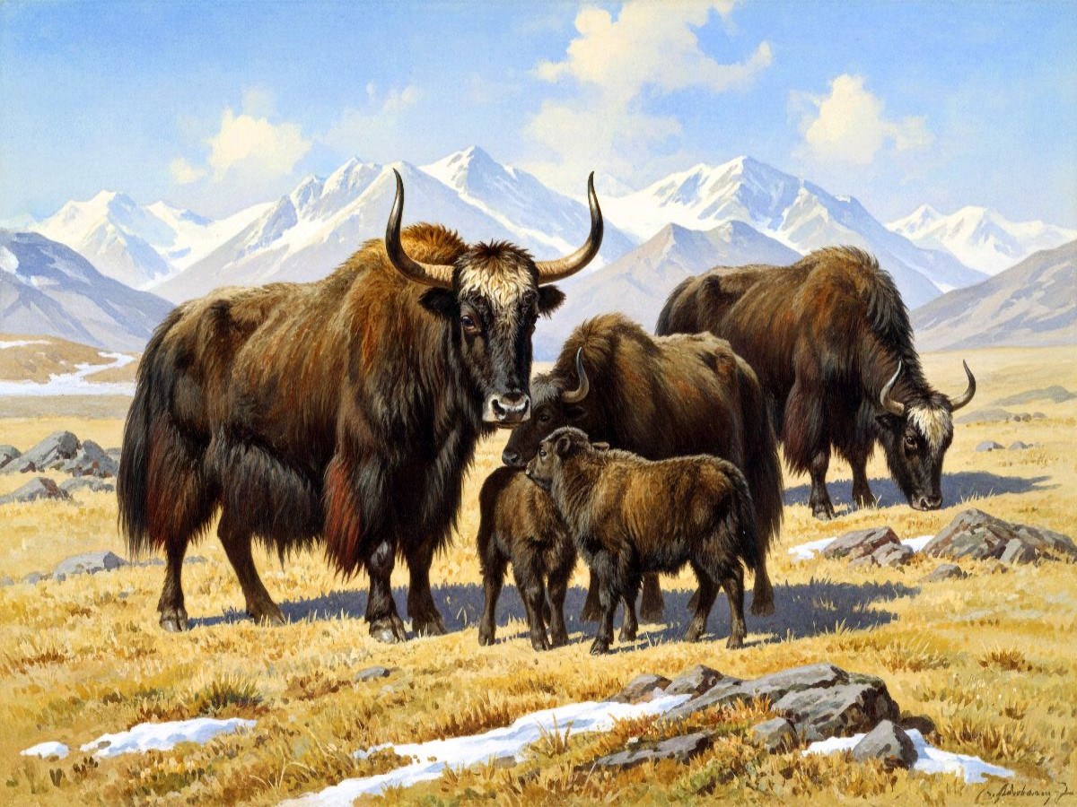 Yak - Herde im Himalaya - im Stil alter Gemälde