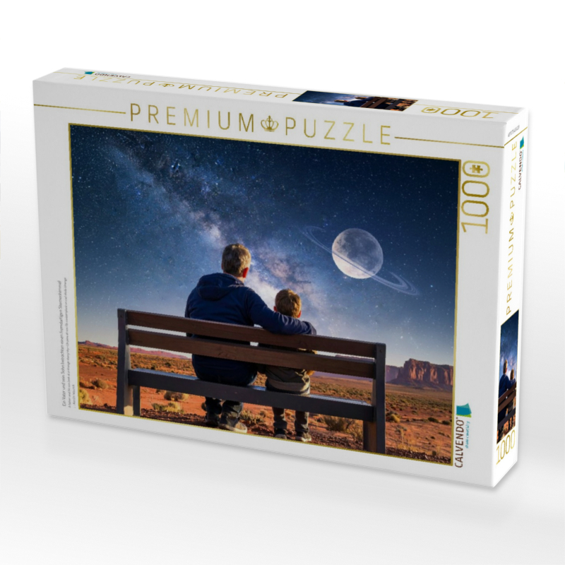 Ein Vater und sein Sohn betrachten einen fremdartigen Sternenhimmel