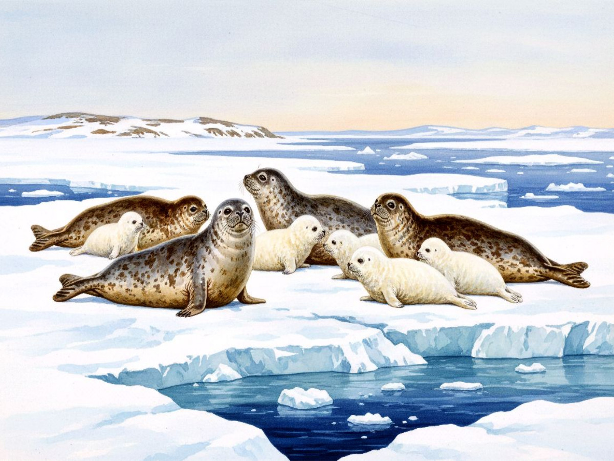 Ringelrobben mit Jungtieren auf der Eisscholle