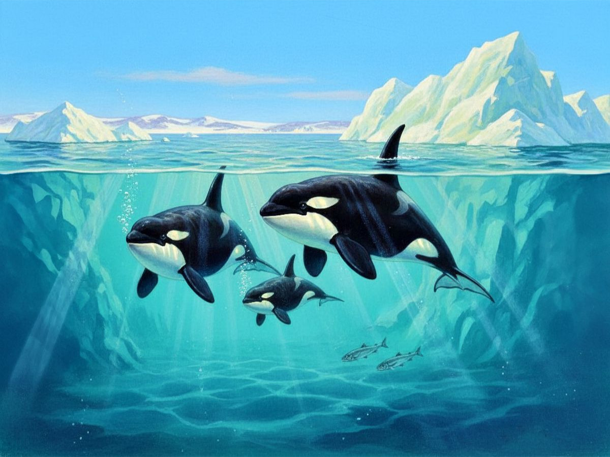 Orcas oder Killerwale mit Jungtier im arktischen Meer