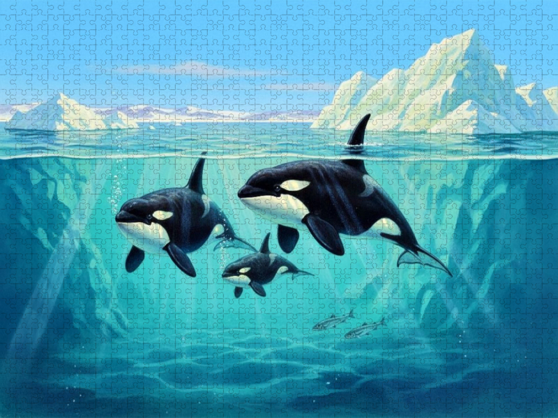 Orcas oder Killerwale mit Jungtier im arktischen Meer