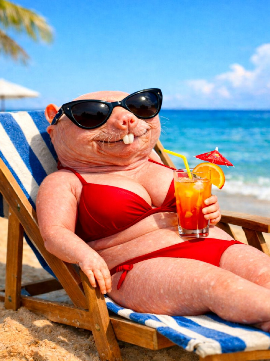 Nacktmull-Frau im Bikini am Strand