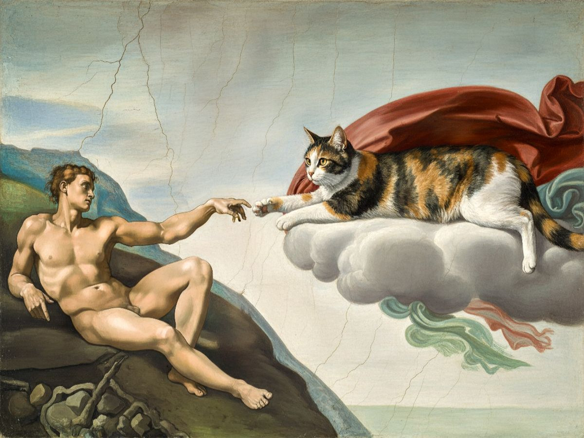 Erschaffung des Dosenöffners - Michelangelo - Gemälde mit Katze