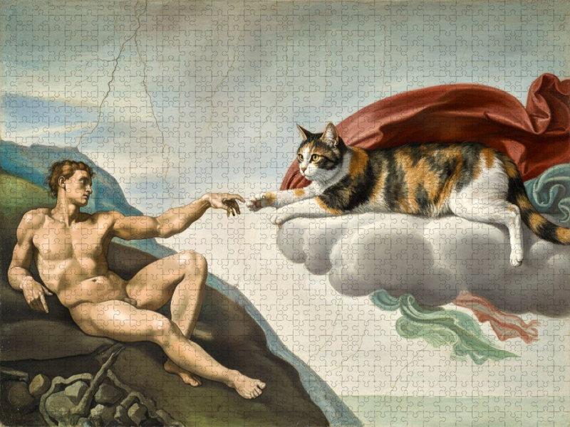 Erschaffung des Dosenöffners - Michelangelo - Gemälde mit Katze