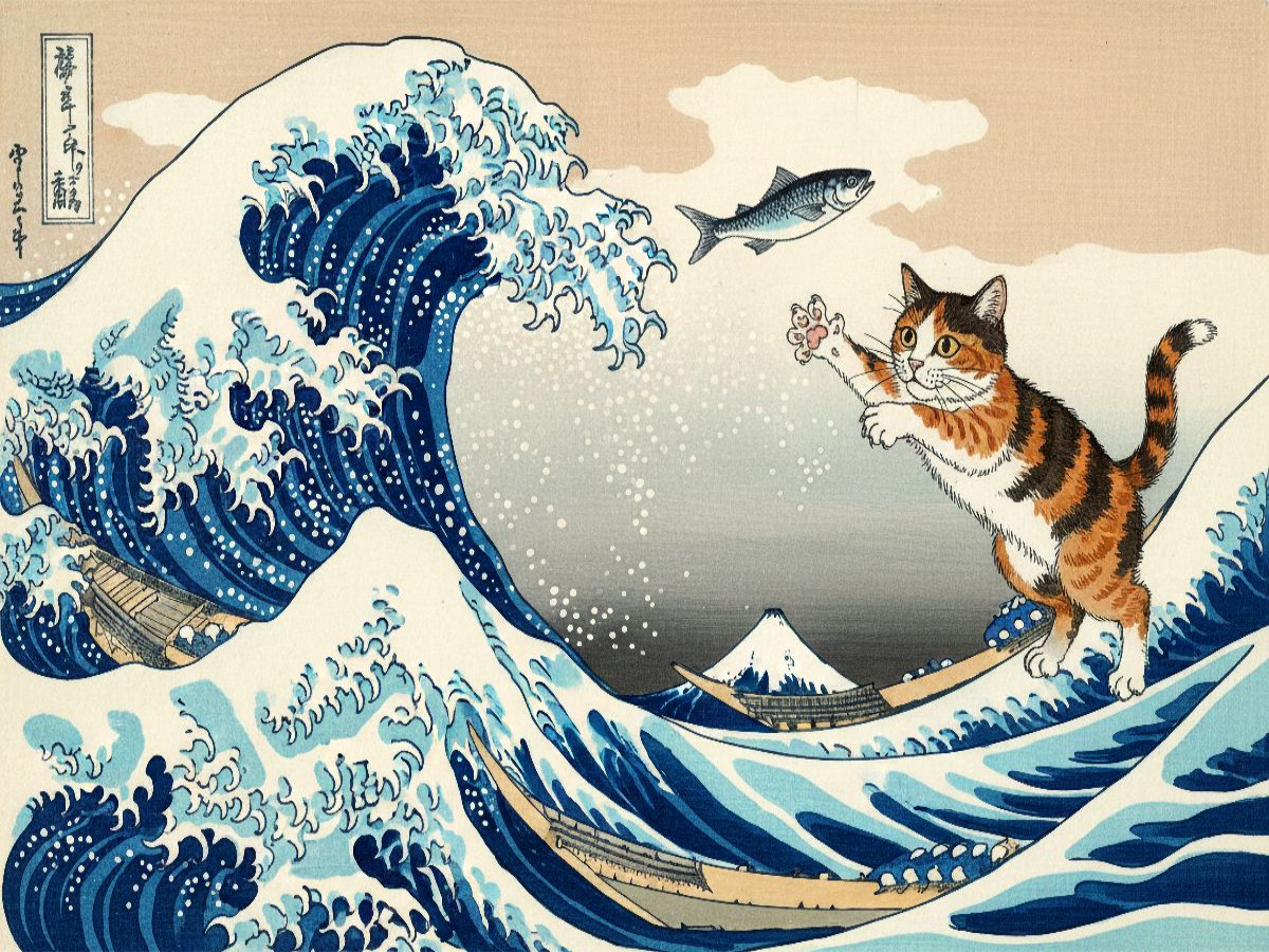 Die große Welle mit Fischen für die Katze - Hokusai - Gemälde