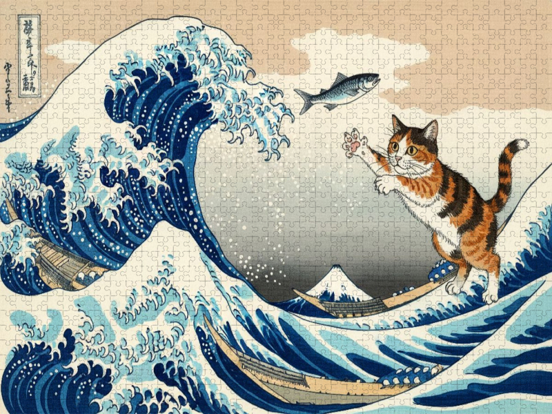 Die große Welle mit Fischen für die Katze - Hokusai - Gemälde