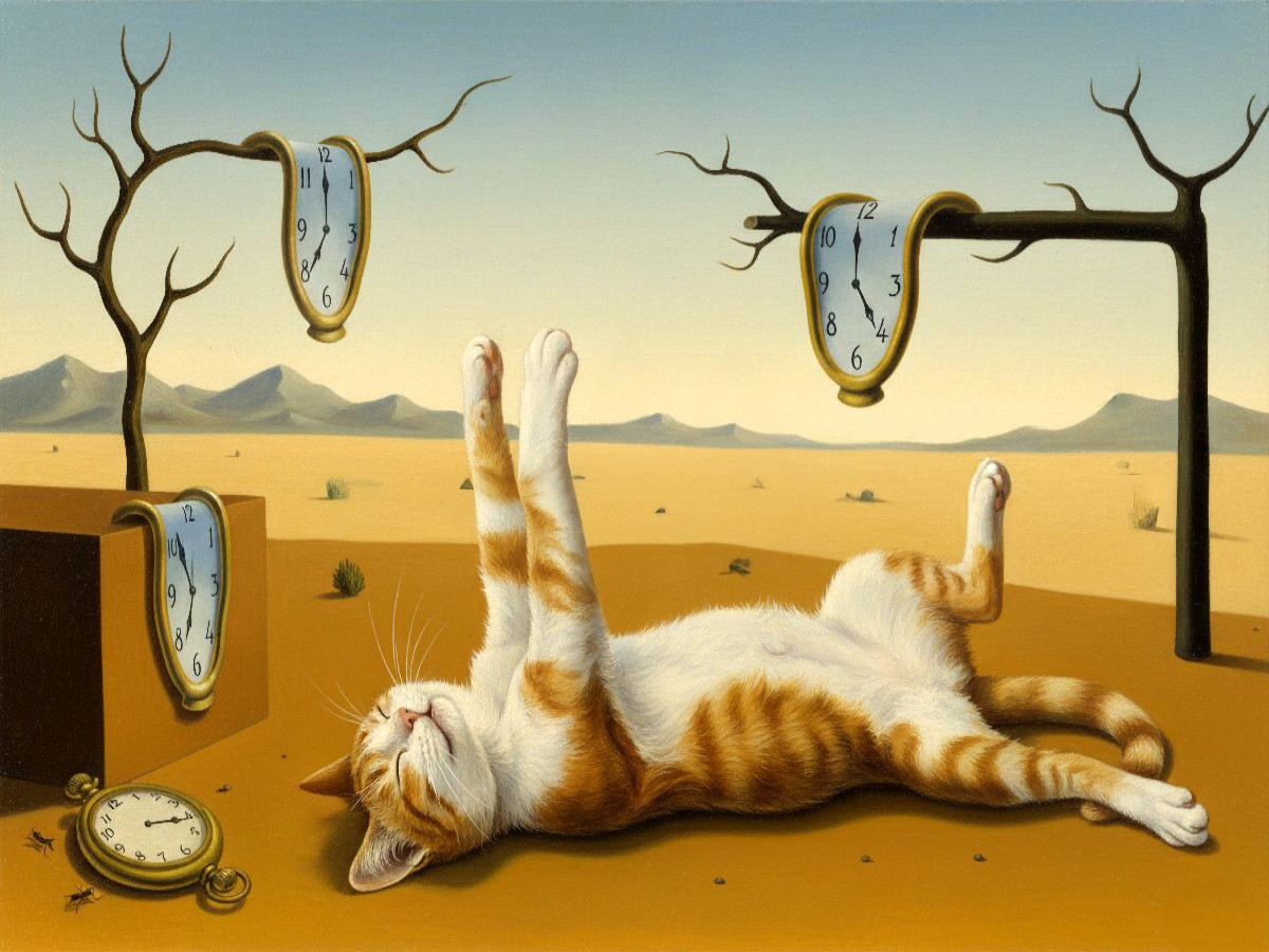 Die Beständigkeit der Faulheit - Salvador Dali - Gemälde mit Katze
