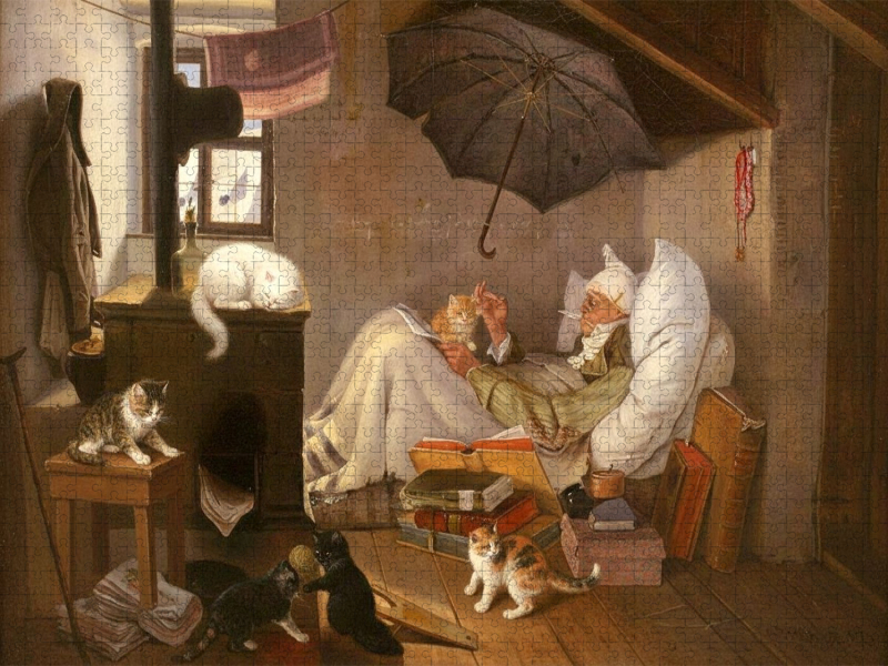 Der reiche arme Poet -  Carl Spitzweg - Gemälde mit Katzen