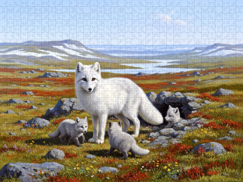 Polarfuchs mit Jungtieren in der Tundra