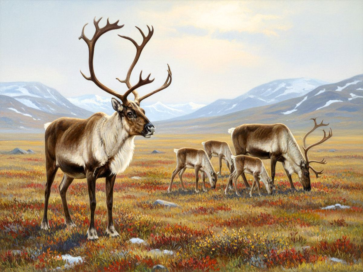 Karibu mit Jungtieren in der Tundra