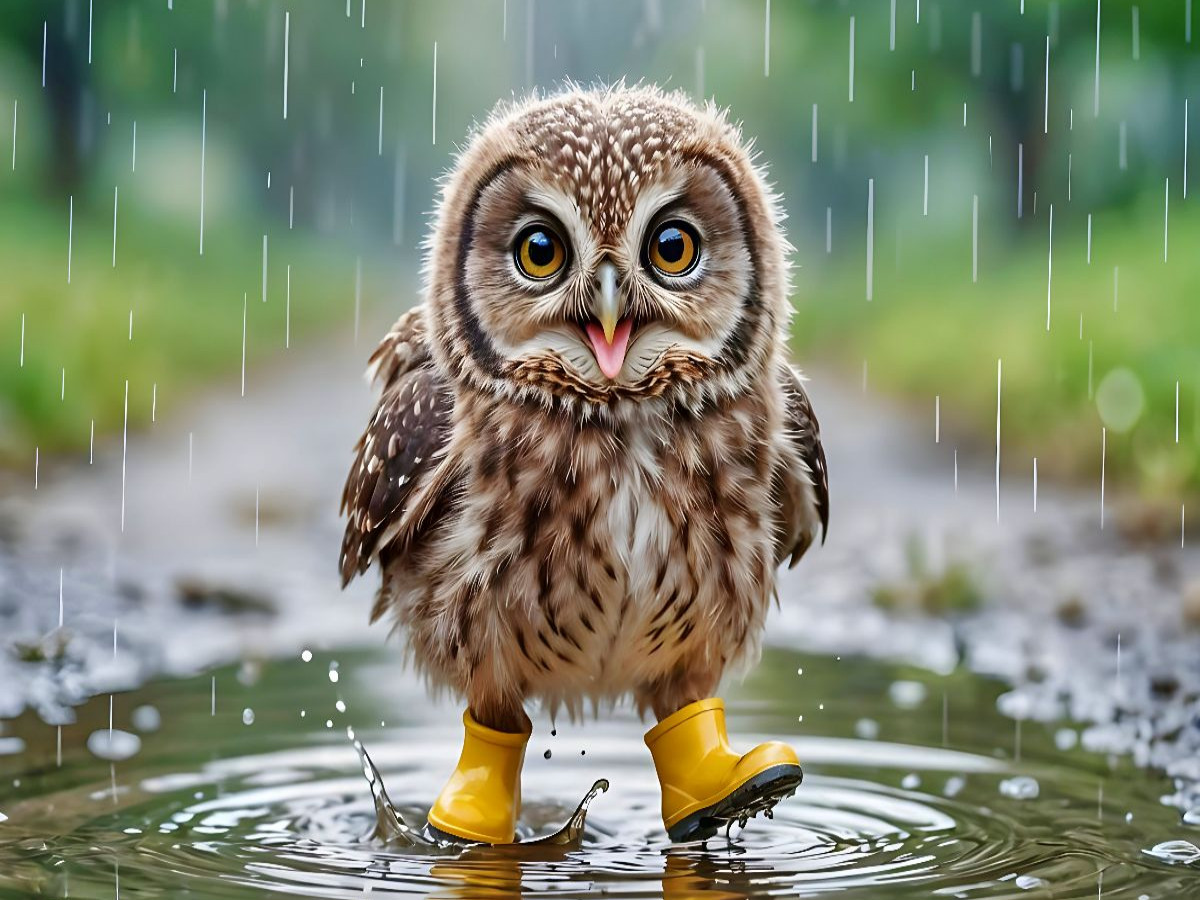Eule mit Gummistiefeln - Kleine Eule im Pfützenglück