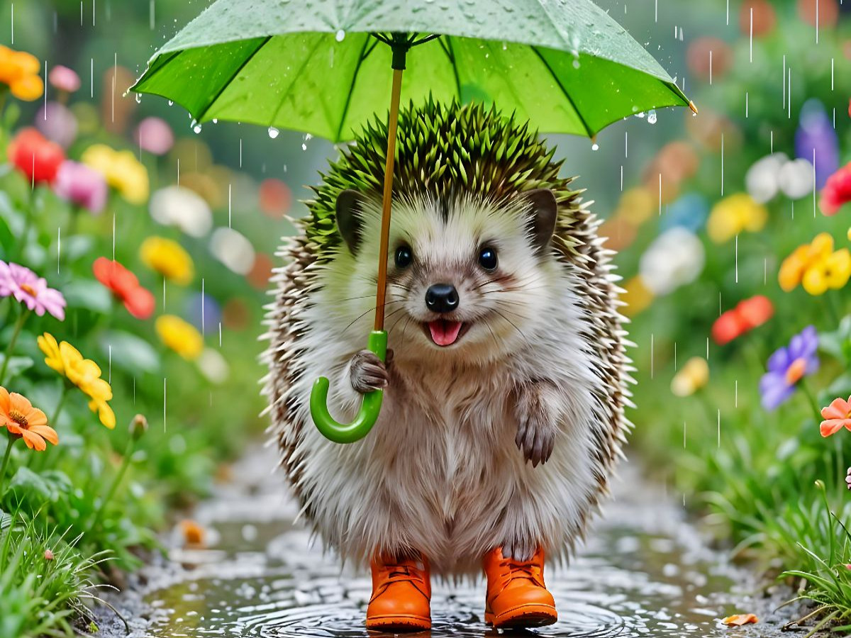 Igel mit Regenschirm - Gemütlich durch den Regen spaziert