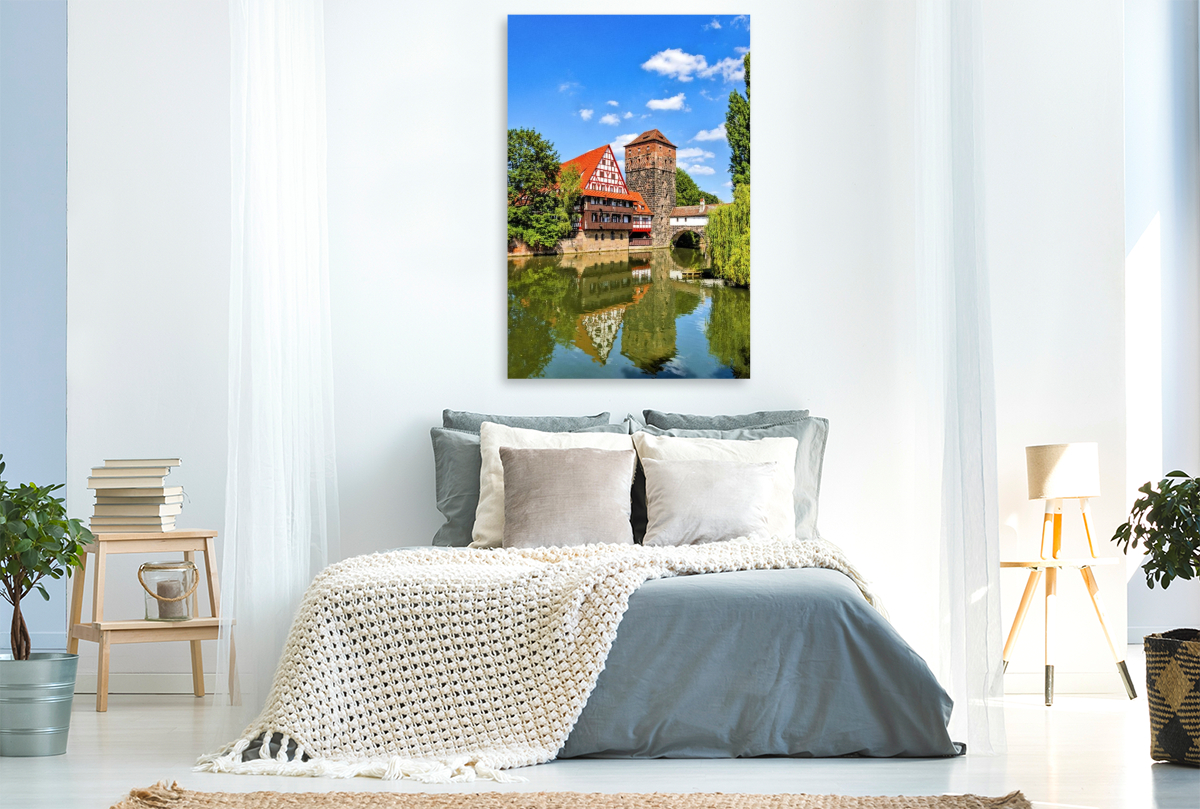 Weinstadl, der größte Fachwerkbau in Deutschland, mit Wasserturm an der Pegnitz in Nürnberg, Bayern