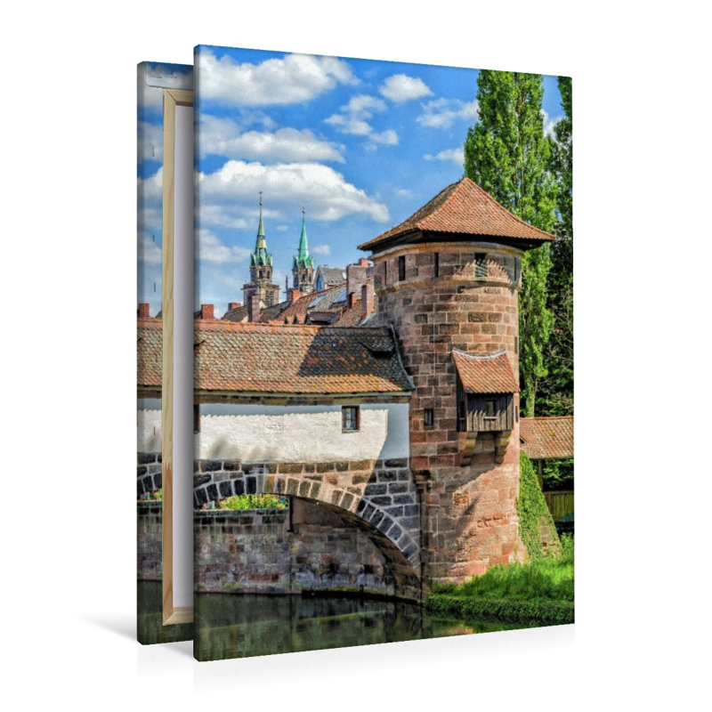 Henkerturm auf der Trödelmarktinsel mit Sandsteinbrücke (links) und Henkersteg (rechts), Nürnberg, Bayern