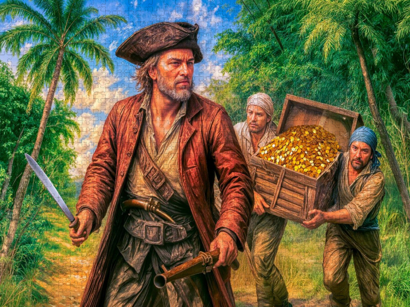 Captain Kidd mit Schatzkisten - Legendäre Piratenszene Puzzle