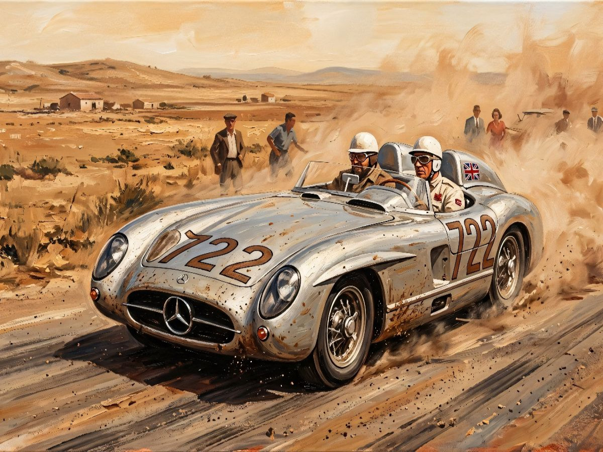 Stirling Moss und Denis Jenkinson siegten im Mercedes-Benz 300 SLR bei der Mille Miglia 1955.