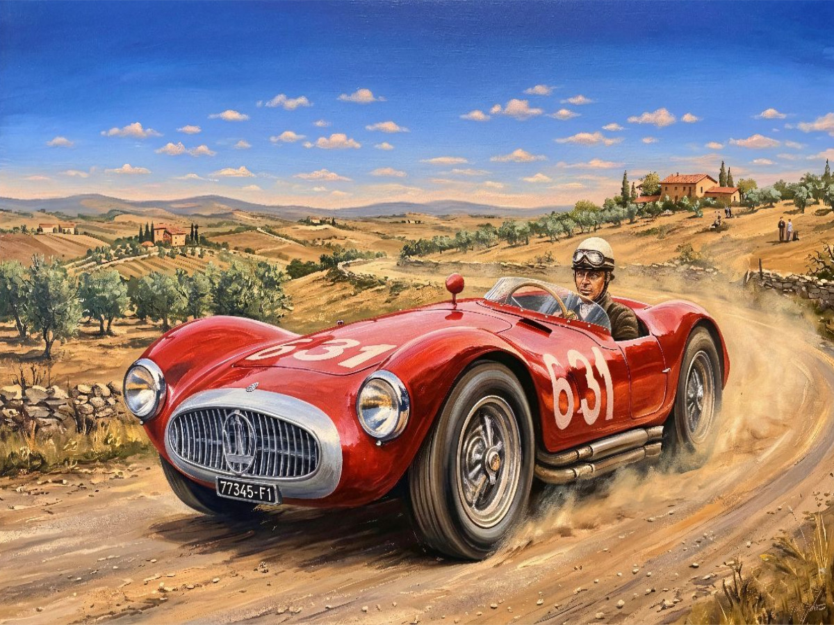Der Italiener Siro Sirbaci am Steuer eines Maserati A6GCS bei der Mille Miglia 1955