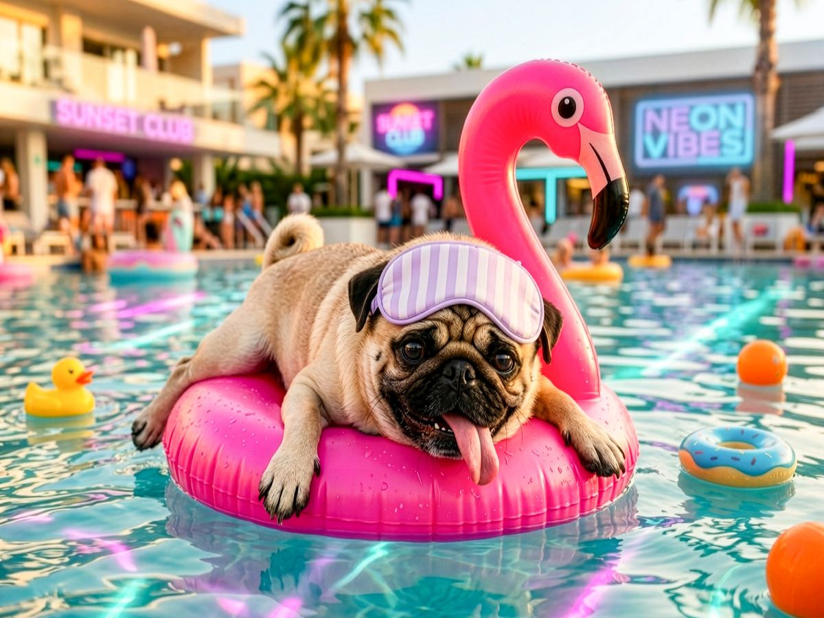 Mops auf Flamingo‑Float Puzzle