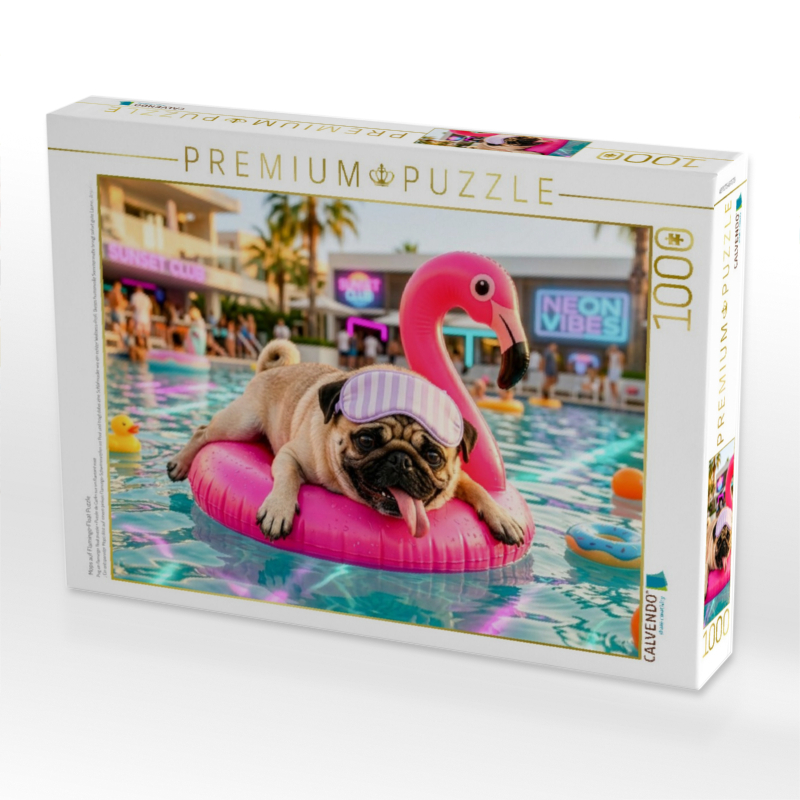 Mops auf Flamingo‑Float Puzzle