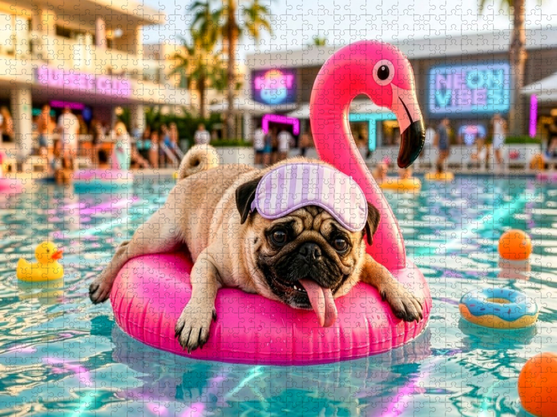 Mops auf Flamingo‑Float Puzzle