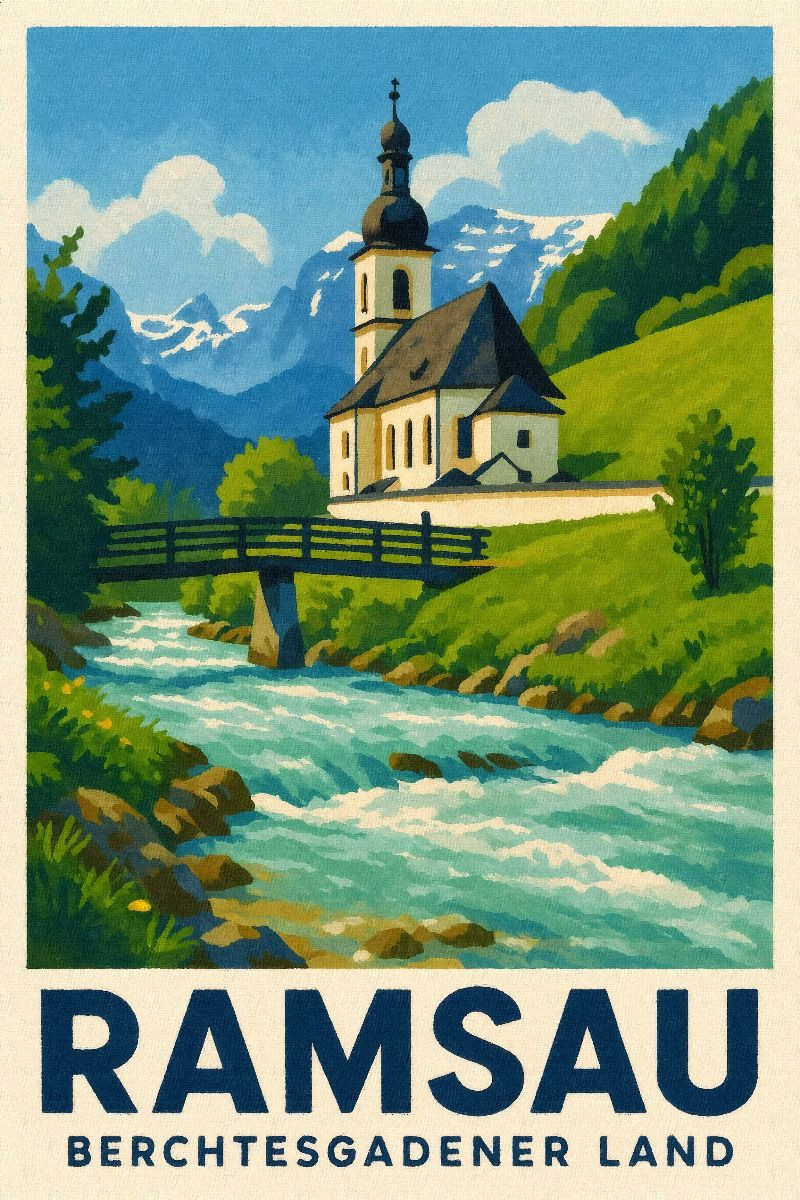 Kirche und Fluss in Ramsau