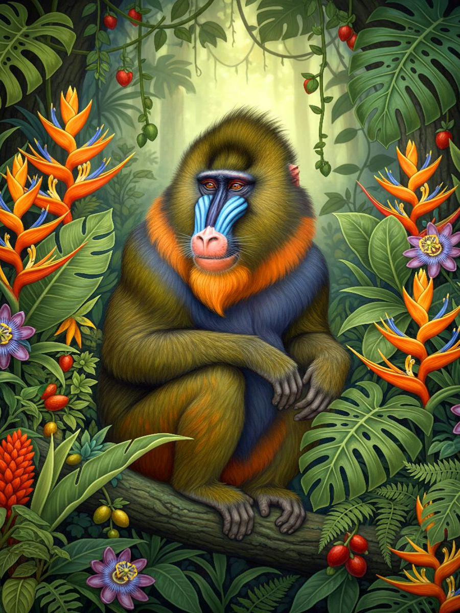 Mandrill Affe zwischen Blüten
