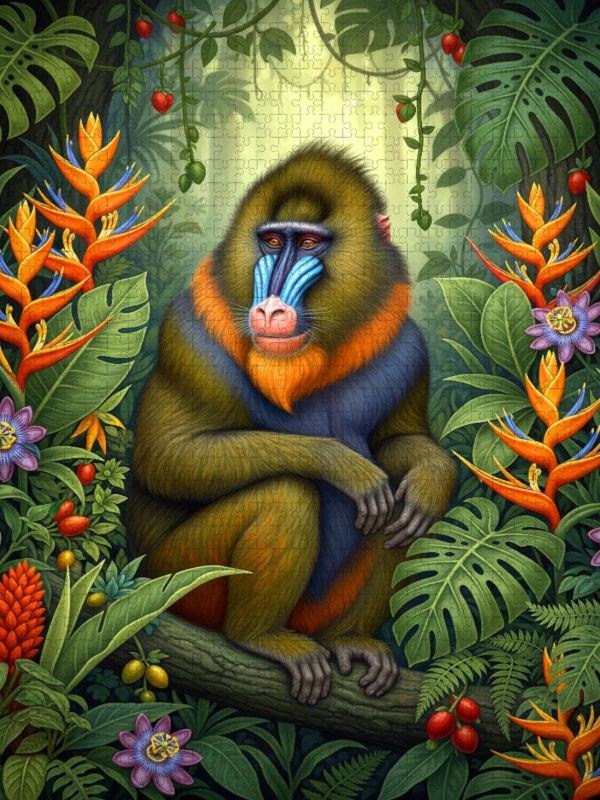 Mandrill Affe zwischen Blüten