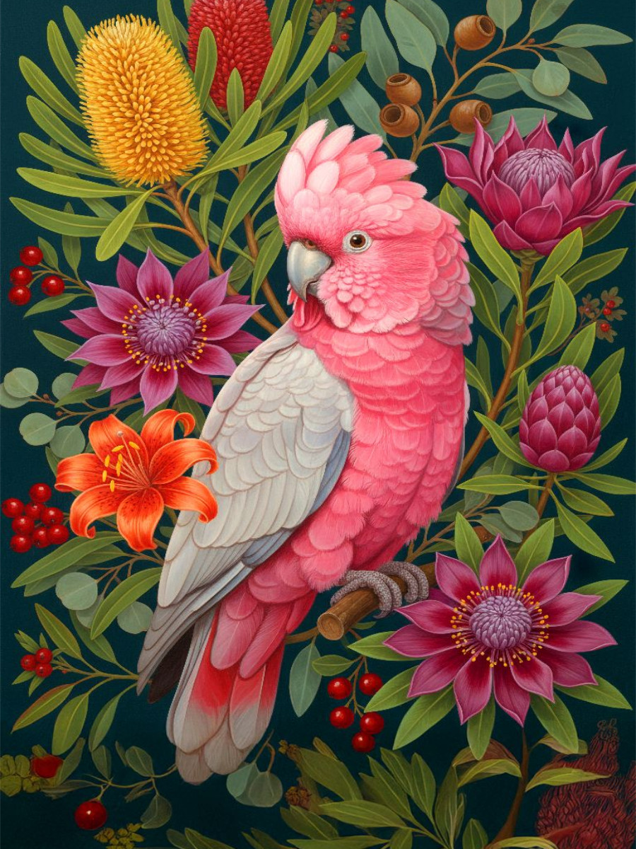 Rosa Kakadu zwischen bunten Blüten