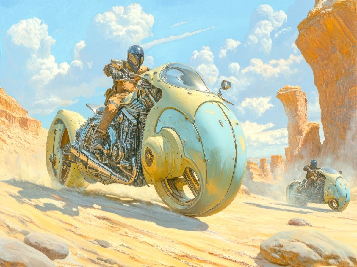 Dynamisches Wüstenrennen auf Fantasiemotorrädern