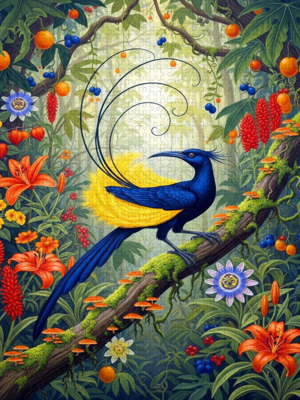 Paradiesvogel zwischen bunten Blüten