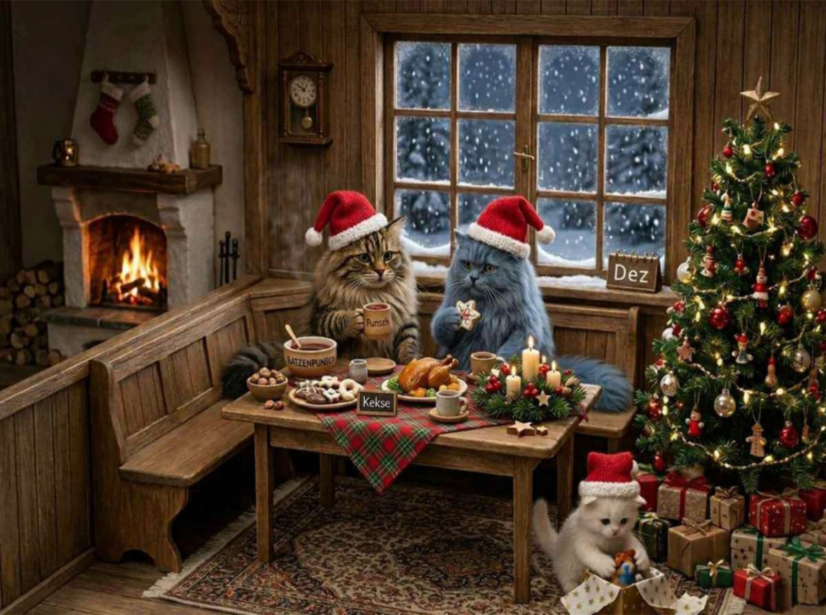 Katzenweihnacht am Kamin