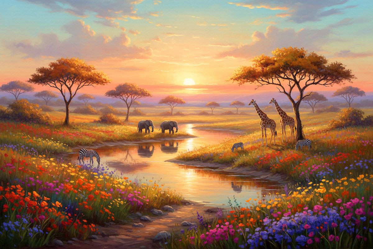 Afrikanischer Sonnenuntergang mit Elefanten und Giraffen