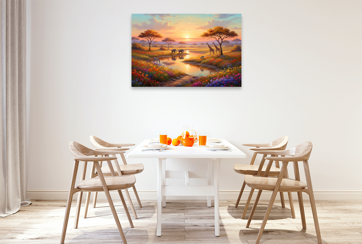 Afrikanischer Sonnenuntergang mit Elefanten und Giraffen