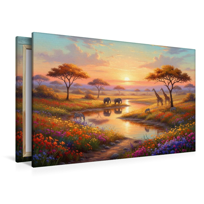 Afrikanischer Sonnenuntergang mit Elefanten und Giraffen