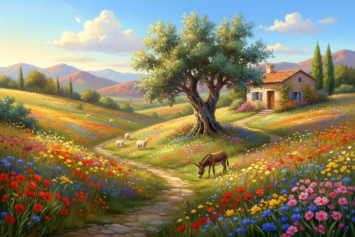Mediterrane Blütenpracht mit Olivenbaum und Esel