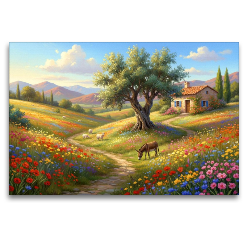 Mediterrane Blütenpracht mit Olivenbaum und Esel