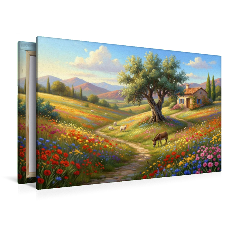 Mediterrane Blütenpracht mit Olivenbaum und Esel
