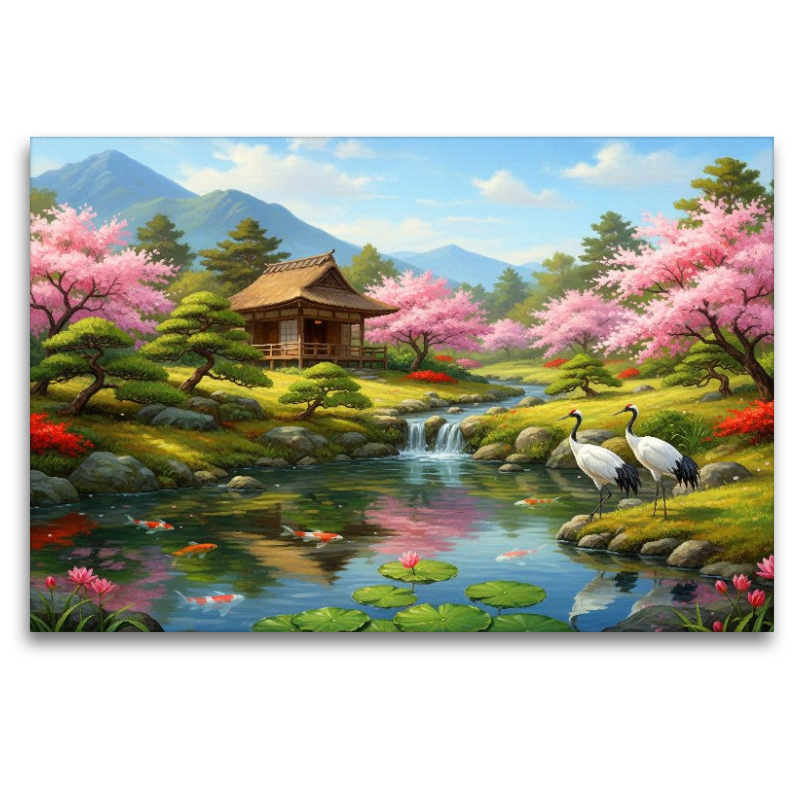 Japanische Stille mit Kranichen und Kirschbäumen