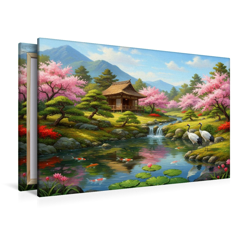 Japanische Stille mit Kranichen und Kirschbäumen