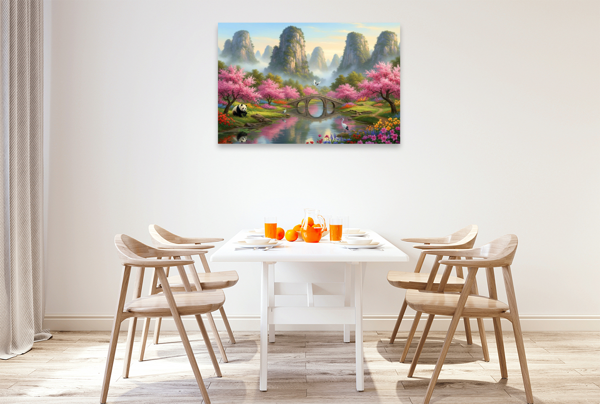 Chinesische Nebelberge mit Panda und Kranichen