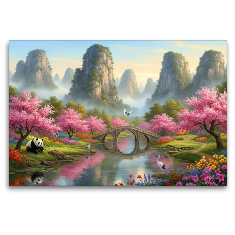 Chinesische Nebelberge mit Panda und Kranichen