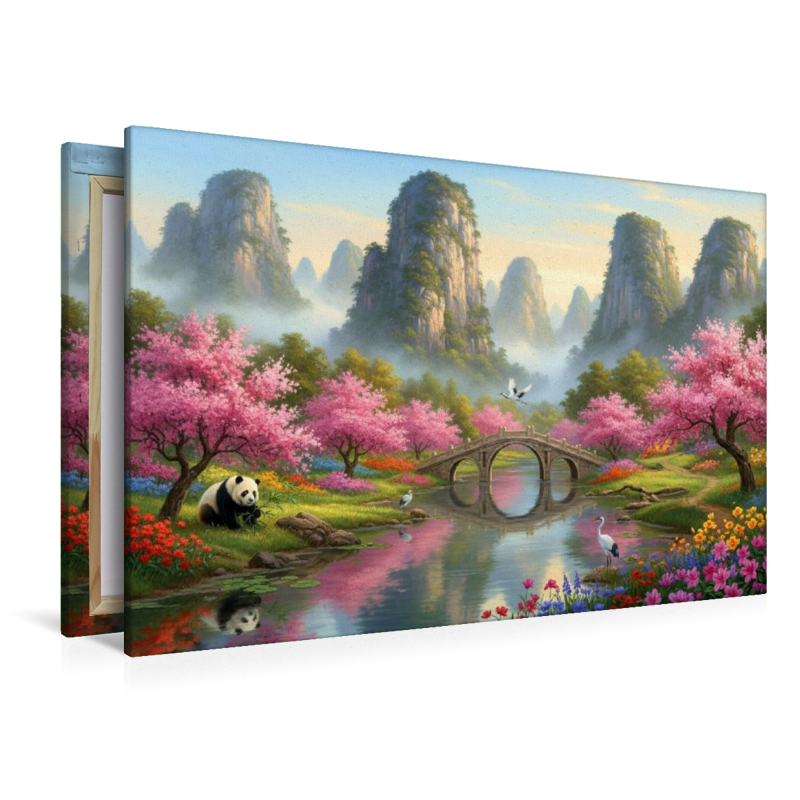 Chinesische Nebelberge mit Panda und Kranichen