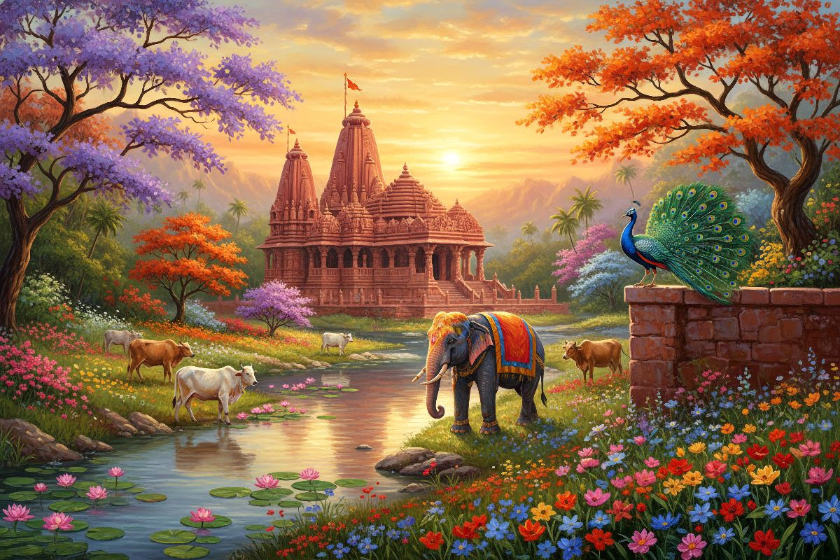 Indische Tempellandschaft mit Elefant und Kühen